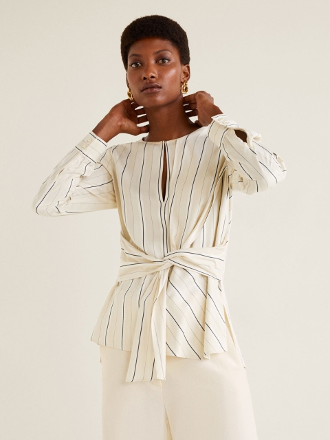 

MANGO Women Off-White & Navy Blue Striped A-Line Top