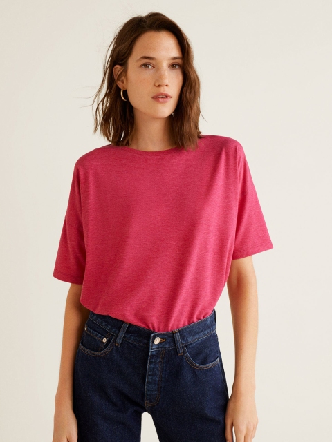 

MANGO Women Pink Solid Round Neck T-shirt