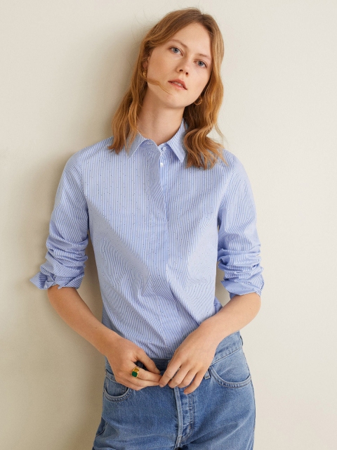 

MANGO Women Blue & White Regular Fit Striped Casual Shirt