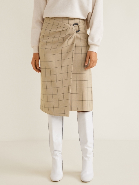 

MANGO Women Beige & Black Checked Wrap Skirt