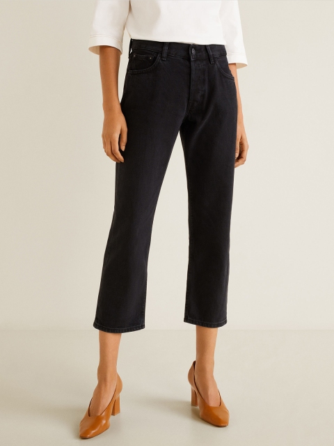 

MANGO Women Black Straight Fit Mid-Rise Clean Look Cropped Jeans