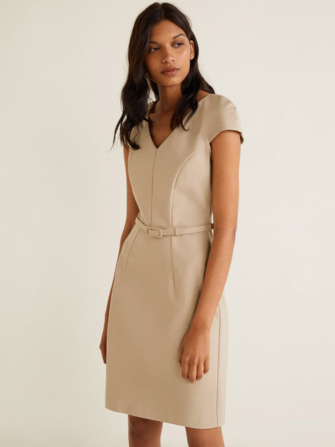 

MANGO Women Beige Solid Sheath Dress