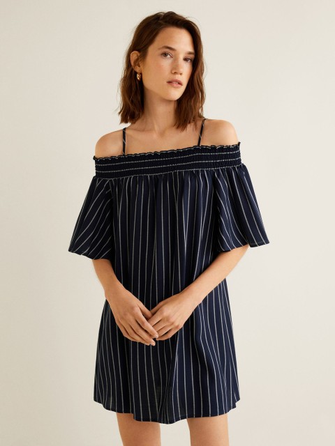 

MANGO Women Navy Blue & White Striped A-Line Bardot Dress