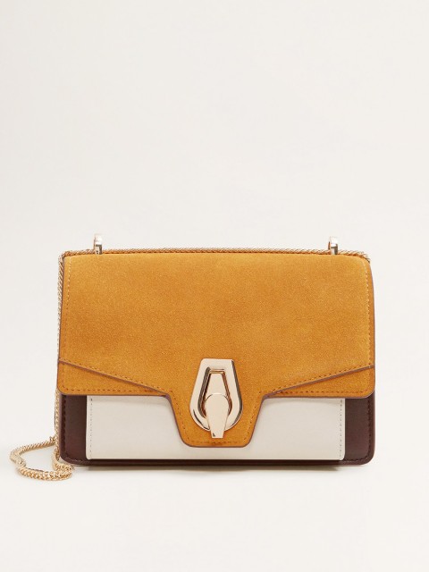 

MANGO Mustard Yellow & Off-White Colourblocked Shoulder Bag