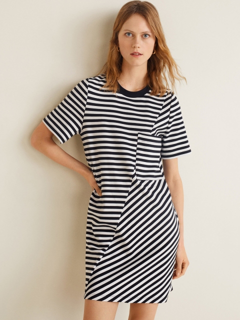 

MANGO Women Black & White Striped T-shirt Dress