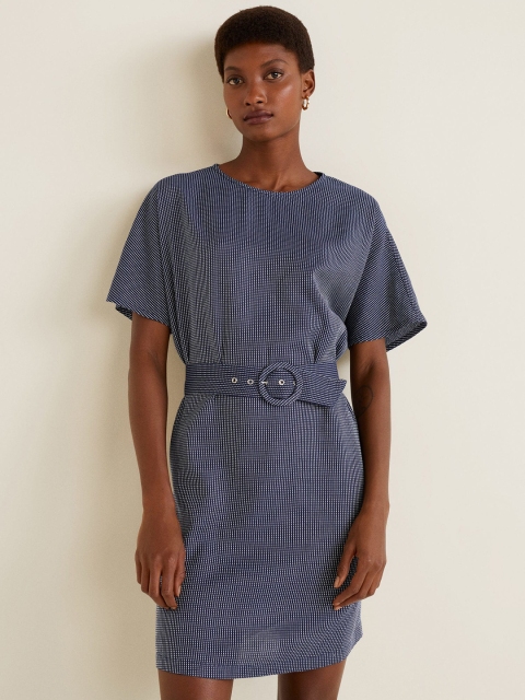 

MANGO Women Navy Blue & White Self Striped A-Line Dress