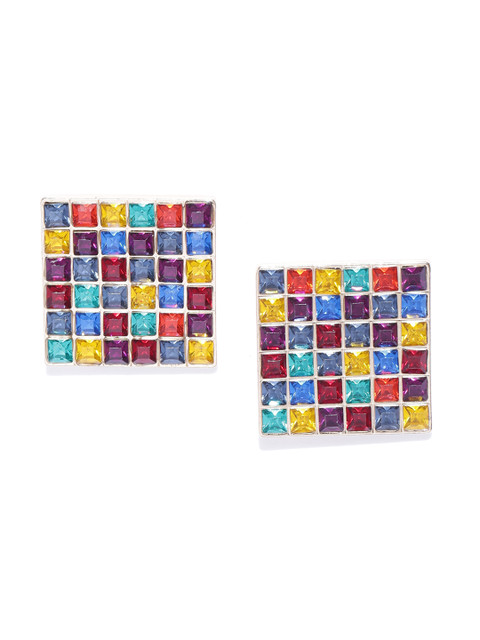 

MANGO Multicoloured Stone-Studded Square Shaped Oversized Studs, Multi