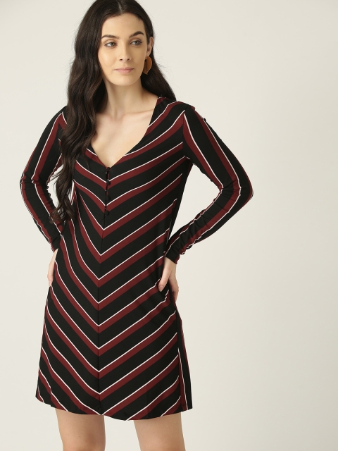 

MANGO Women Black and Maroon Striped Sheath Dress