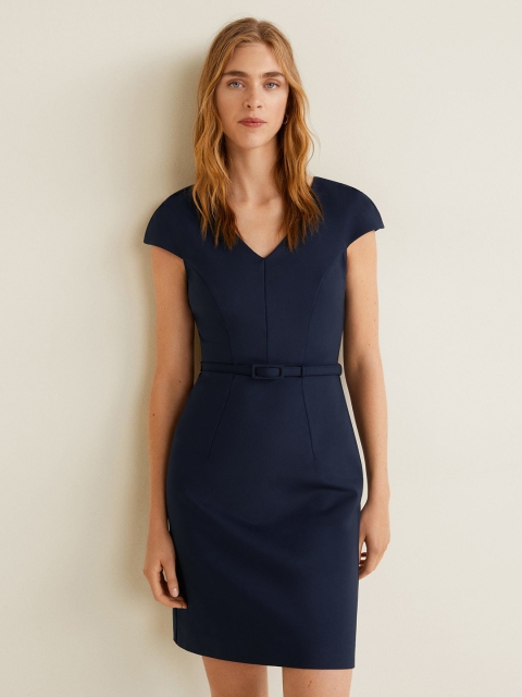 

MANGO Women Navy Blue Solid Sheath Dress