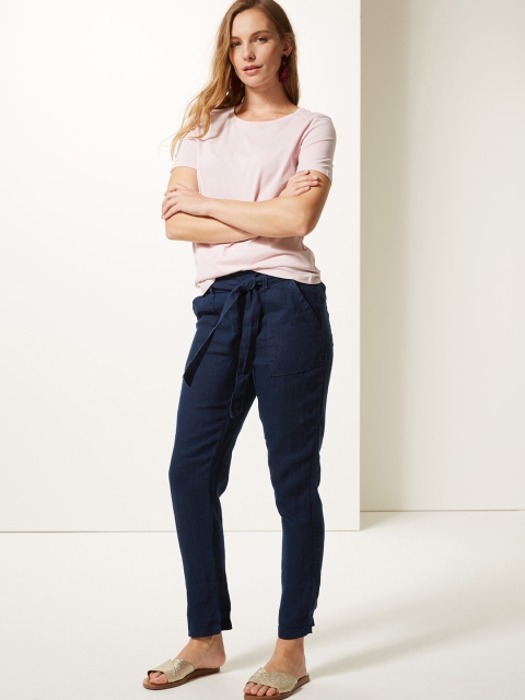 

Marks & Spencer Women Navy Blue Tapered Fit Solid Regular Trousers