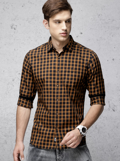 

Ecko Unltd Men Black & Mustard Yellow Slim Fit Checked Casual Shirt
