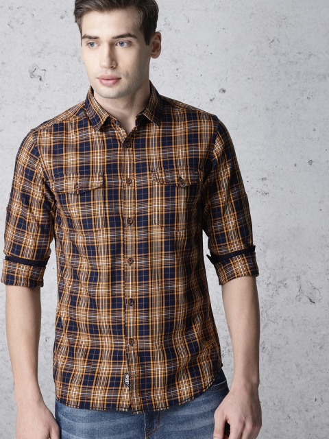 

Ecko Unltd Men Navy Blue & Yellow Slim Fit Checked Casual Shirt