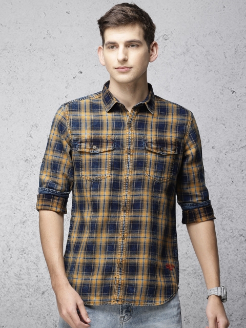 

Ecko Unltd Men Navy Blue & Khaki Brown Slim Fit Checked Casual Shirt