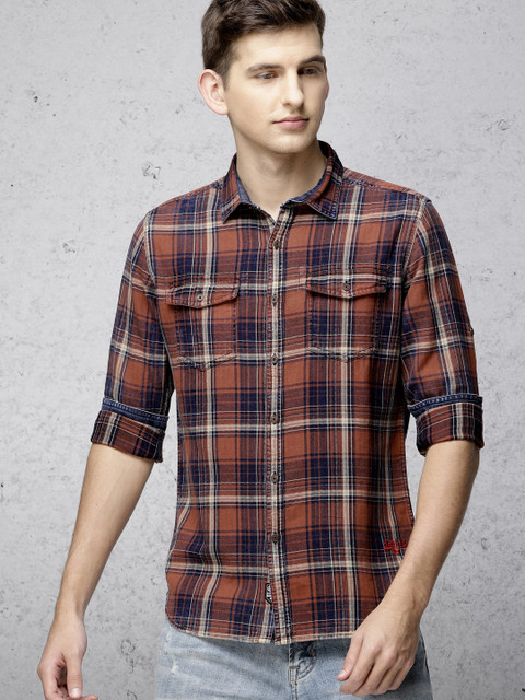 

Ecko Unltd Men Navy Blue & Rust Orange Slim Fit Checked Casual Shirt