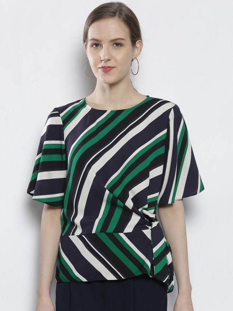 

DOROTHY PERKINS Women Navy & Green Striped Top, Navy blue