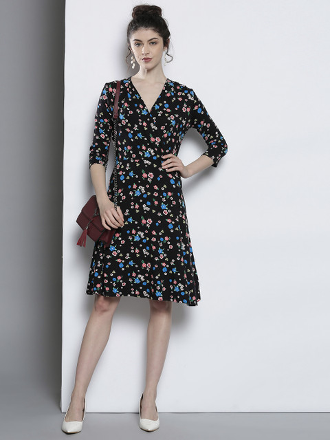 

DOROTHY PERKINS Women Black & Blue Printed Wrap Dress