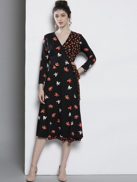 

DOROTHY PERKINS Women Black & Orange Printed Wrap Dress