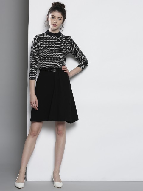 

DOROTHY PERKINS Women Black & White Self-Design Fit and Flare Dress