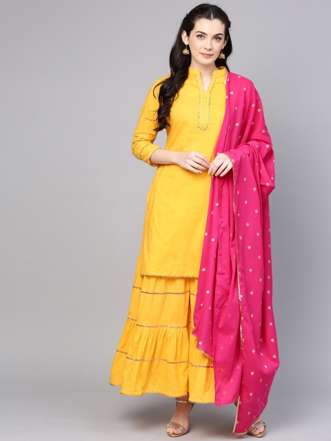 

Bhama Couture Women Yellow Solid Kurta with Sharara & Dupatta