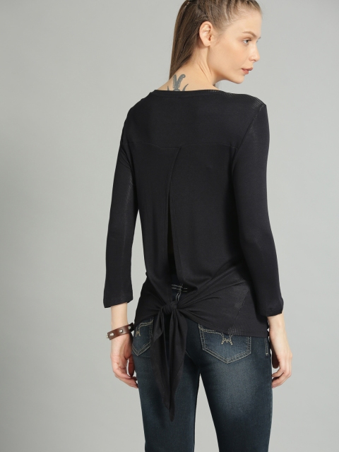 

Roadster Women Black Solid Styled Back Round Neck T-shirt