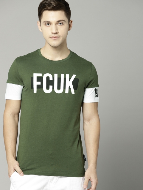 

French Connection Men Olive Green Printed Round Neck T-shirt