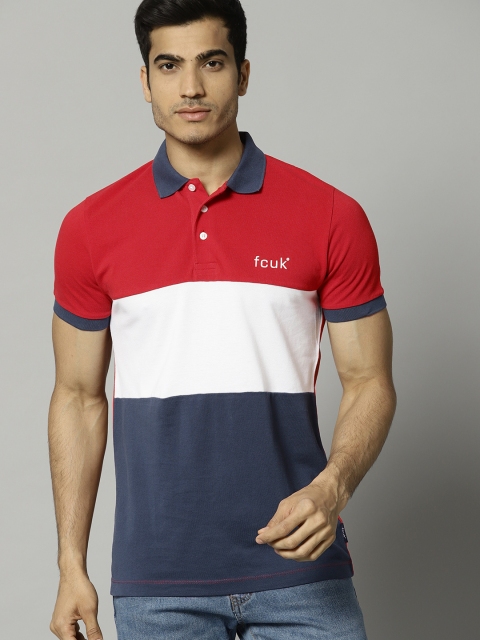 

French Connection Men Red Navy Blue Colourblocked Polo Collar Pure Cotton T-shirt