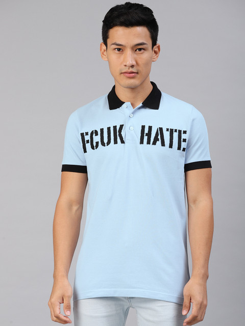

French Connection Men Blue Printed Polo Collar T-shirt