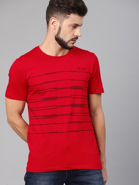 

French Connection Men Red Black Striped Round Neck Pure Cotton T-shirt