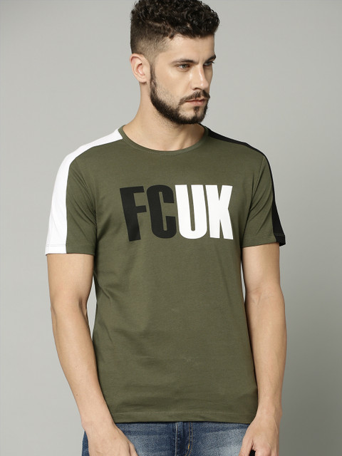 

French Connection Men Olive Green Printed Round Neck T-shirt