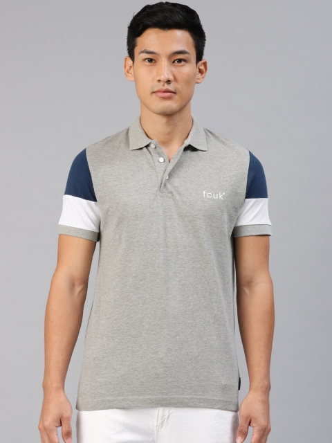 

French Connection Men Grey Melange Solid Polo Collar T-shirt