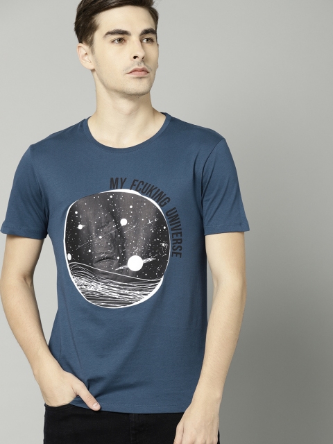 

French Connection Men Teal Blue Printed Round Neck Pure Cotton T-shirt