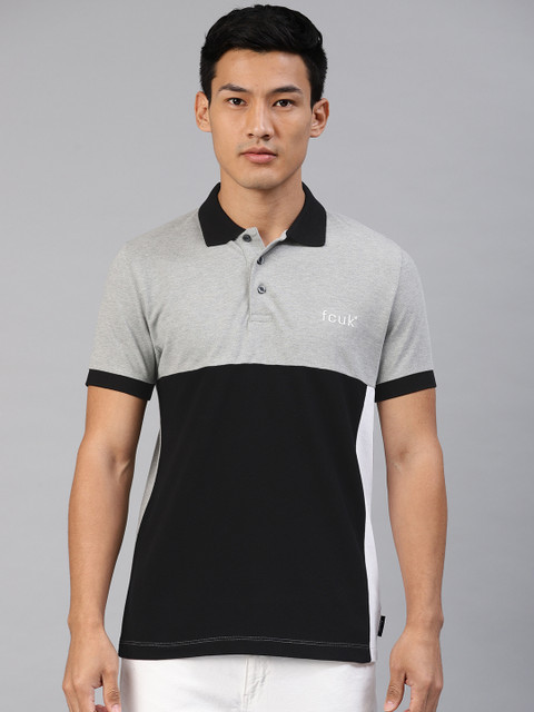 

French Connection Men Grey Melange & Black Colourblocked Polo Collar T-shirt