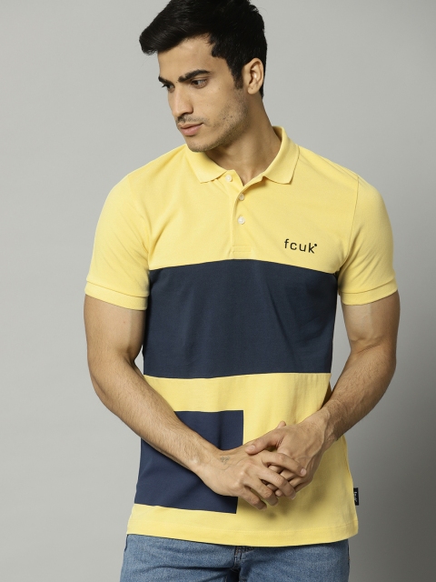 

French Connection Men Yellow & Navy Blue Colourblocked Polo Collar T-shirt