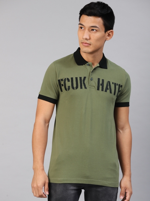 

French Connection Men Olive Green Printed Polo Collar T-shirt