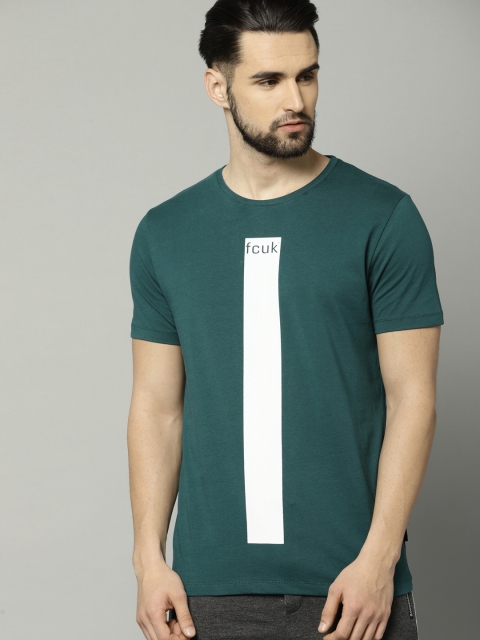

French Connection Men Teal Green Printed Round Neck Pure Cotton T-shirt