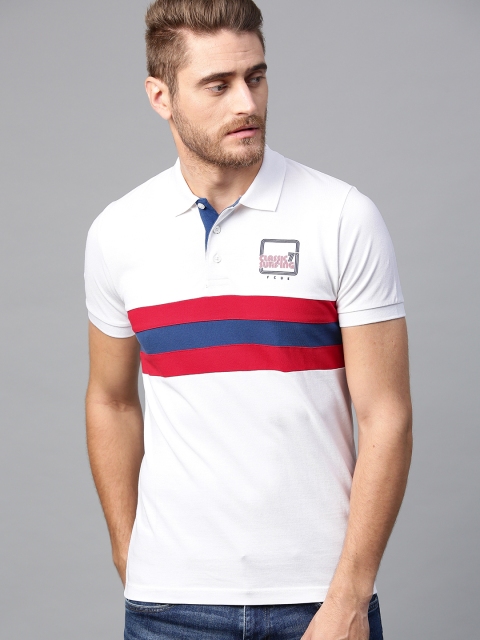 

French Connection Men White & Red Striped Detail Polo Collar T-shirt