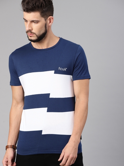 

French Connection Men Navy Blue White Striped Round Neck Pure Cotton T-shirt