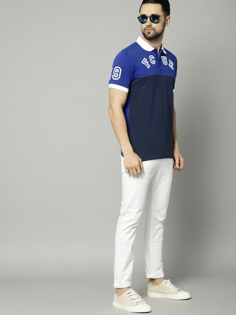 

French Connection Men Blue Colourblocked Polo T-shirt
