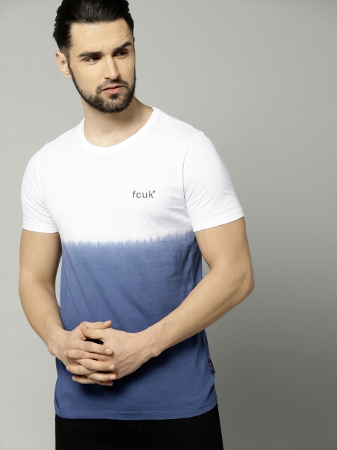

French Connection Men White & Blue Dyed Round Neck T-shirt