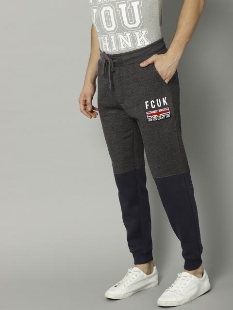 

French Connection Men Charcoal Grey & Navy Blue Coloublocked Joggers