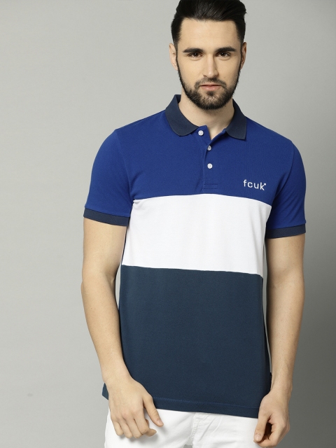 

French Connection Men Blue & White Colourblocked Polo T-shirt