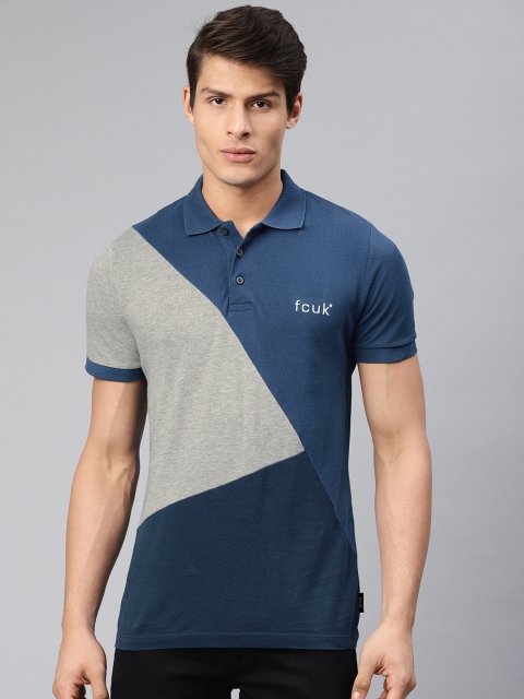

French Connection Men Blue & Grey Colourblocked Polo Collar T-shirt