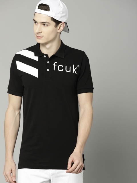 

French Connection Men Black Printed Polo Collar T-shirt