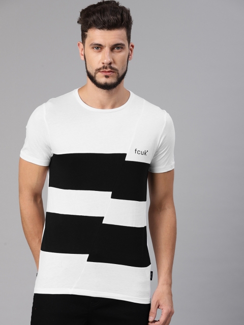 

French Connection Men Black & White Striped Round Neck T-shirt