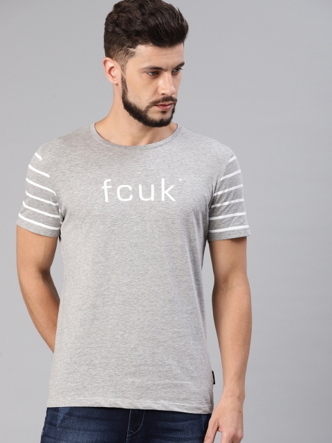 

French Connection Men Grey Melange Printed Round Neck T-shirt