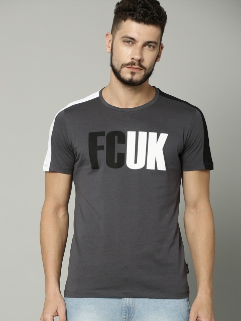 

French Connection Men Charcoal Grey Printed Round Neck T-shirt