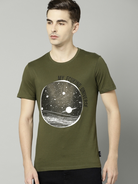 

French Connection Men Olive Green Printed Round Neck T-shirt