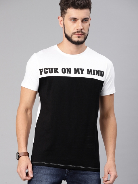 

French Connection Men Black & White Colourblocked Round Neck T-shirt