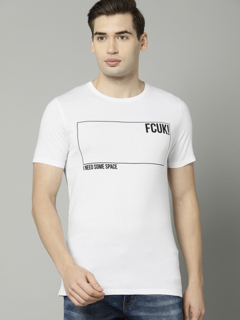 

French Connection Men White Printed Round Neck Pure Cotton T-shirt