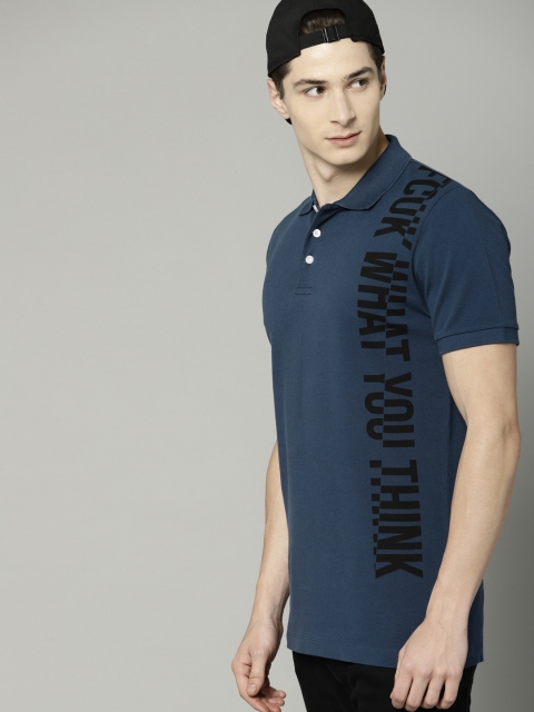 

French Connection Men Blue Printed Polo Collar T-shirt